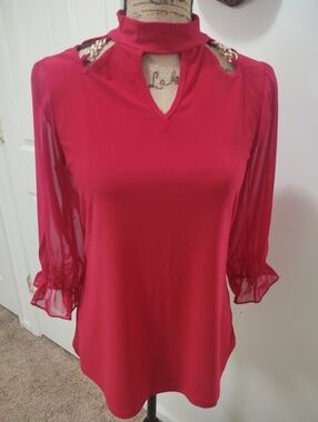 Adele & May Red Keyhole Mock Neck Blouse with Sheer Sleeves